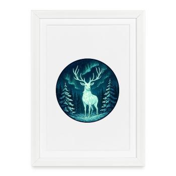 Northern Lights Moose in the forest - Framed poster (27 × 37 cm) - white - Front
