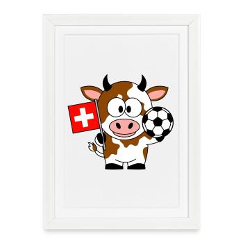 Vache avec drapeau suisse et football - Affiche encadrée (27 × 37 cm) - blanc - Devant