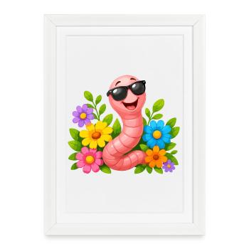 Worm with sunglasses in a sea of flowers - Framed poster (27 × 37 cm) - white - Front