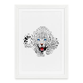 Jaguar with Blue Eyes about to attack - Framed poster (27 × 37 cm) - white - Front