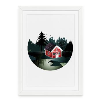 petite maison suédoise rouge à l'orée de la forêt - Affiche encadrée (27 × 37 cm) - blanc - Devant