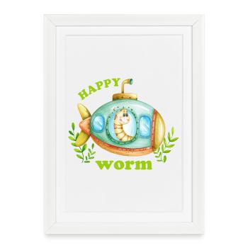 Un ver de terre heureux dans un sous-marin - Affiche encadrée (27 × 37 cm) - blanc - Devant