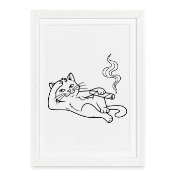 Chat glaçant avec un cigare – Design humoristique - Affiche encadrée (27 × 37 cm) - blanc - Devant