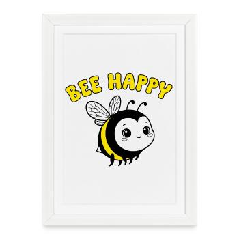 Bee Happy – Mignonne abeille dessinée en jaune noir - Affiche encadrée (27 × 37 cm) - blanc - Devant