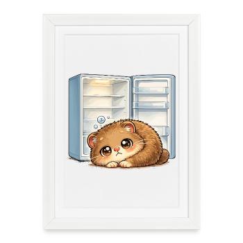 Petit chat devant un réfrigérateur ouvert - Affiche encadrée (27 × 37 cm) - blanc - Devant