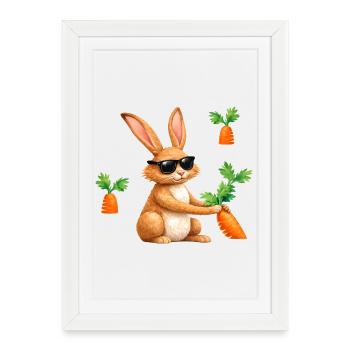 Un lapin avec des lunettes de soleil et une carotte - Affiche encadrée (27 × 37 cm) - blanc - Devant