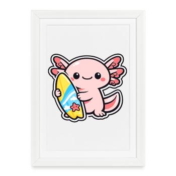 Axolotl de Kawaii avec planche de surf - Affiche encadrée (27 × 37 cm) - blanc - Devant