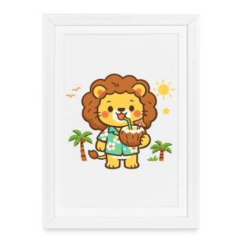 Lion de plage en costume aloha - Affiche encadrée (27 × 37 cm) - blanc - Devant