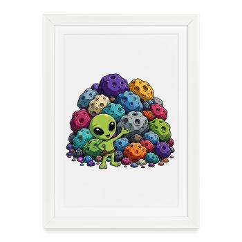 Little green alien in front of colorful meteors - Framed poster (27 × 37 cm) - white - Front