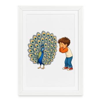 Garçon émerveillé par un magnifique paon aux plumes - Affiche encadrée (27 × 37 cm) - blanc - Devant