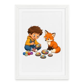 Garçon peignant des pierres colorées avec un renard curieux - Affiche encadrée (27 × 37 cm) - blanc - Devant