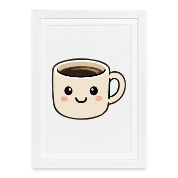 Dessin animé mignon souriant Kawaii Coffee Cup - Affiche encadrée (27 × 37 cm) - blanc - Devant