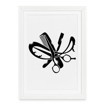 Un logo de coiffure avec un peigne, ciseaux et - Affiche encadrée (27 × 37 cm) - blanc - Devant