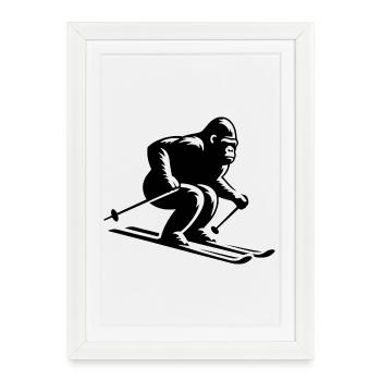 Singe Gorille Chimpanzé Ski Silhouette Design - Affiche encadrée (27 × 37 cm) - blanc - Devant