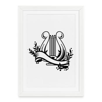 Black and White Harp with Banner and Plants - Framed poster (27 × 37 cm) - white - Front
