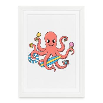 Summer octopus with surf and accessories - Framed poster (27 × 37 cm) - white - Front