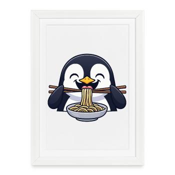 Süßer Pinguin Cartoon mit Nudeln Ramen Essen Asien - Gerahmtes Poster (27 × 37 cm) - Weiß - Vorne
