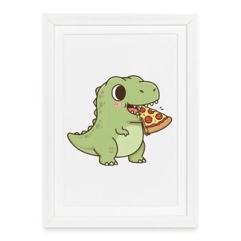 T-Rex mange une pizza - Affiche encadrée (27 × 37 cm) - blanc - Devant