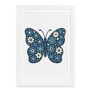 Fleurs Bleues Papillon Floral - Affiche encadrée (27 × 37 cm) - blanc - Devant