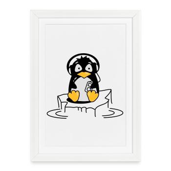 Penguin est à l'écoute de la musique - Affiche encadrée (27 × 37 cm) - blanc - Devant
