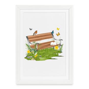 belle banquette à la lisière de la forêt invite à s’attarder - Affiche encadrée (27 × 37 cm) - blanc - Devant