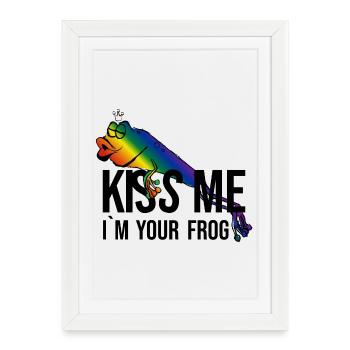 Grenouille - Princesse - Kiss -Kiss me - Affiche encadrée (27 × 37 cm) - blanc - Devant