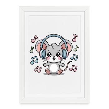Cute mouse with headphones and music notes - Framed poster (27 × 37 cm) - white - Front