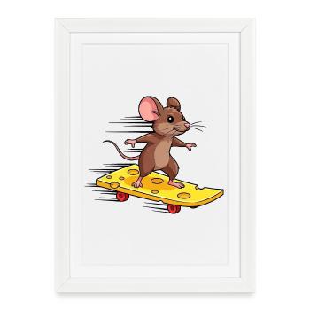 Souris cool avec planche à roulettes Cheese Lover drôle - Affiche encadrée (27 × 37 cm) - blanc - Devant