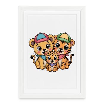 Amis Lion Tigre-Léopard mignons – Papillon animal drôle - Affiche encadrée (27 × 37 cm) - blanc - Devant