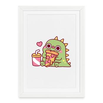 Cute Dinosaur Loves Pepperoni Pizza Slice - Framed poster (27 × 37 cm) - white - Front