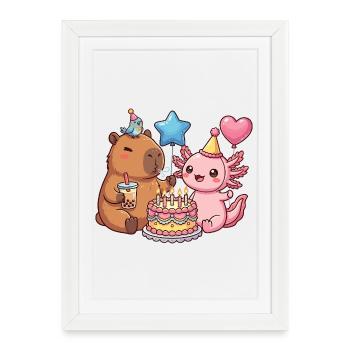 Fête d’anniversaire de l’oiseau capybara axolotl - Affiche encadrée (27 × 37 cm) - blanc - Devant