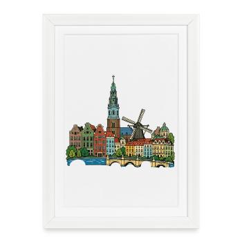 Croquis rétro du moulin à vent du canal des Pays-Bas - Affiche encadrée (27 × 37 cm) - blanc - Devant