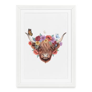 Vache des Highlands à couronne de fleurs - Affiche encadrée (27 × 37 cm) - blanc - Devant
