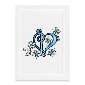 Cœur Bleu Aigu avec Floraison Florale - Affiche encadrée (27 × 37 cm) - blanc - Devant