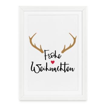 Merry Christmas Antlers Heart Nose Reindeer Moose - Framed poster (27 × 37 cm) - white - Front