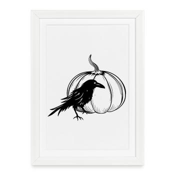 Corbeau avec citrouille d’Halloween en automne - Affiche encadrée (27 × 37 cm) - blanc - Devant
