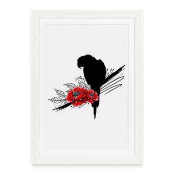Perroquet aux pivoines – look estival tropical - Affiche encadrée (27 × 37 cm) - blanc - Devant