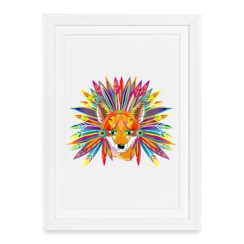 Renard coloré avec coiffe en plumes – créativité sauvage - Affiche encadrée (27 × 37 cm) - blanc - Devant