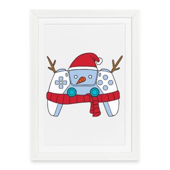 Manette de jeu vidéo Snowman Joueur de Noël - Affiche encadrée (27 × 37 cm) - blanc - Devant