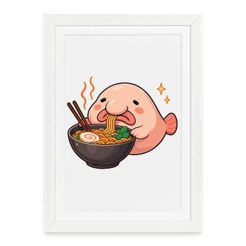 Poisson blob aux nouilles, Ramen, kawaii, poisson blob - Affiche encadrée (27 × 37 cm) - blanc - Devant