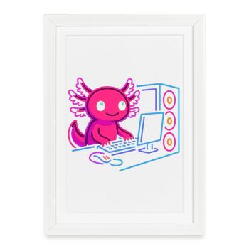 Axolotl Gamer Neon Style Gaming PC Design - Framed poster (27 × 37 cm) - white - Front