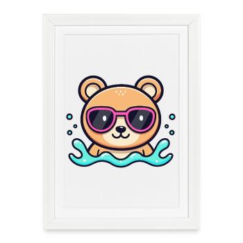 Ourson plage lunettes roses - Affiche encadrée (27 × 37 cm) - blanc - Devant