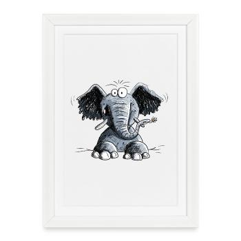 Éléphant heureux avec des fleurs, je Motif éléphant - Affiche encadrée (27 × 37 cm) - blanc - Devant