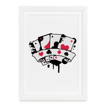 quatre cartes à jouer et une bannière - Affiche encadrée (27 × 37 cm) - blanc - Devant