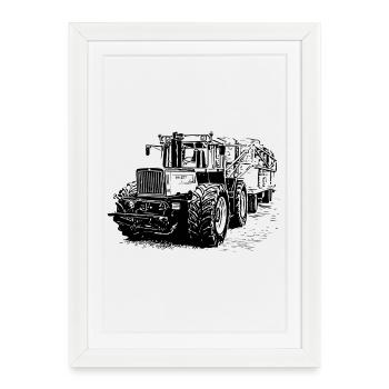 Ancien tracteur MB trac 1300 avec remorque à paille - Affiche encadrée (27 × 37 cm) - blanc - Devant