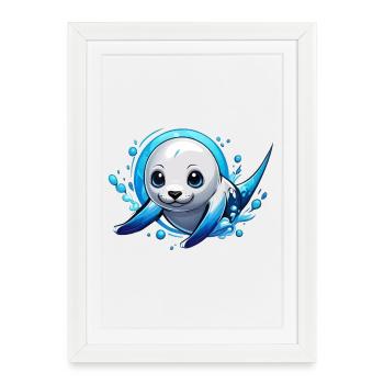 Scellé | Un bébé phoque dans la mer - Affiche encadrée (27 × 37 cm) - blanc - Devant