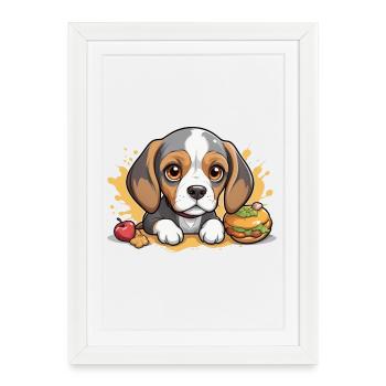 Petit chiot Beagle avec pomme et hamburger - Affiche encadrée (27 × 37 cm) - blanc - Devant