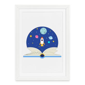 Livre ouvert avec scène spatiale, imagination et Avent - Affiche encadrée (27 × 37 cm) - blanc - Devant