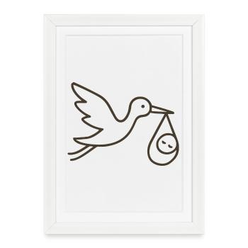 Cigogne avec bébé enfant - Arrivée minimale de bébé - Affiche encadrée (27 × 37 cm) - blanc - Devant