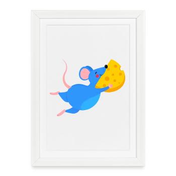 Souris bleue heureuse et fromage jaune - Affiche encadrée (27 × 37 cm) - blanc - Devant